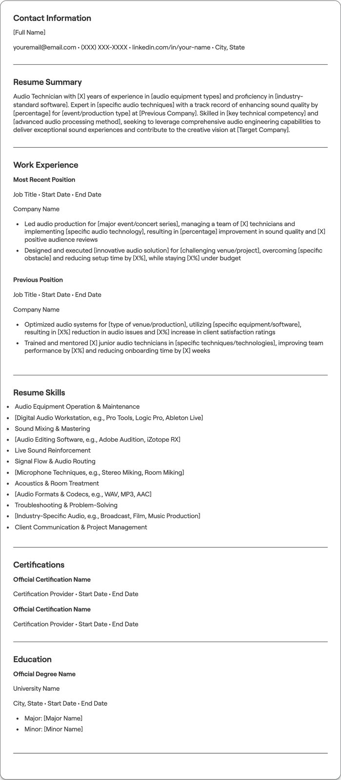 Audio Technician resume example