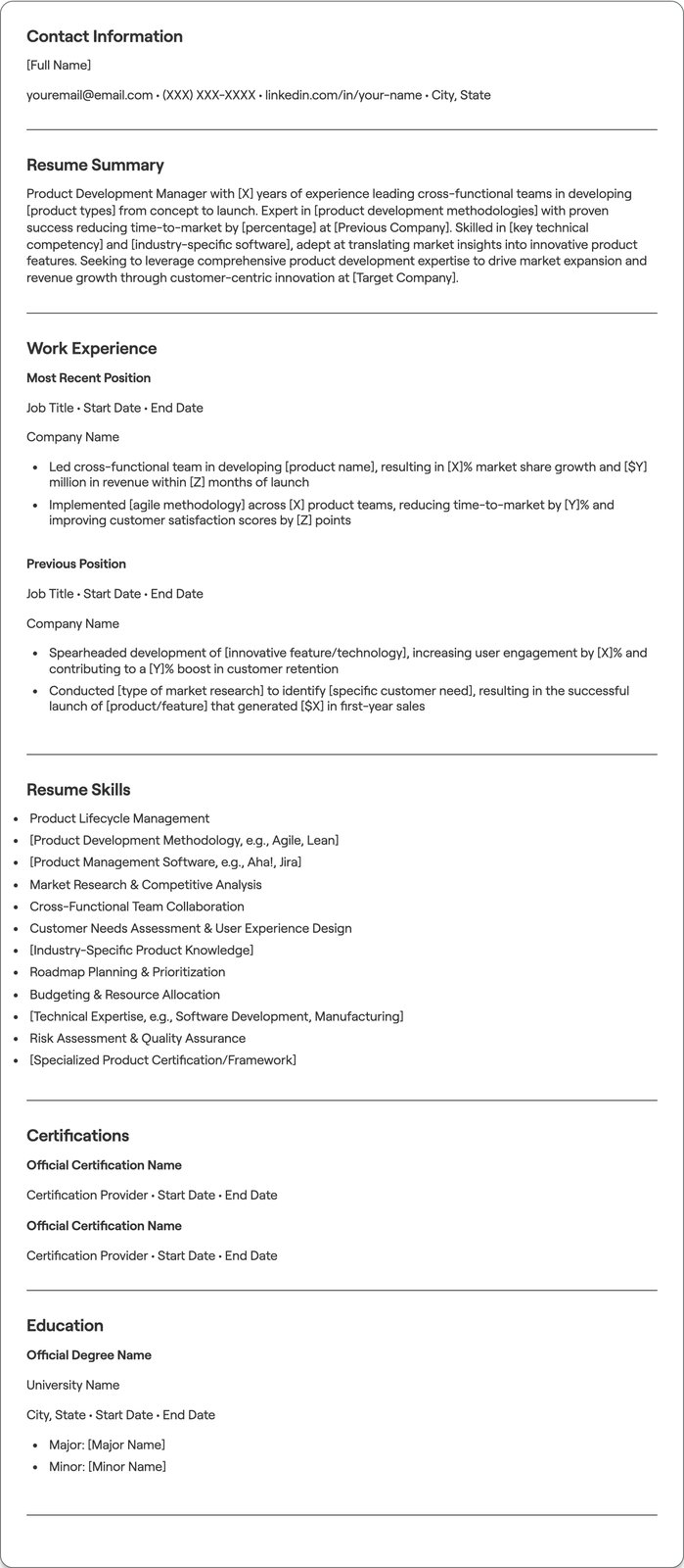Product Development Manager resume example
