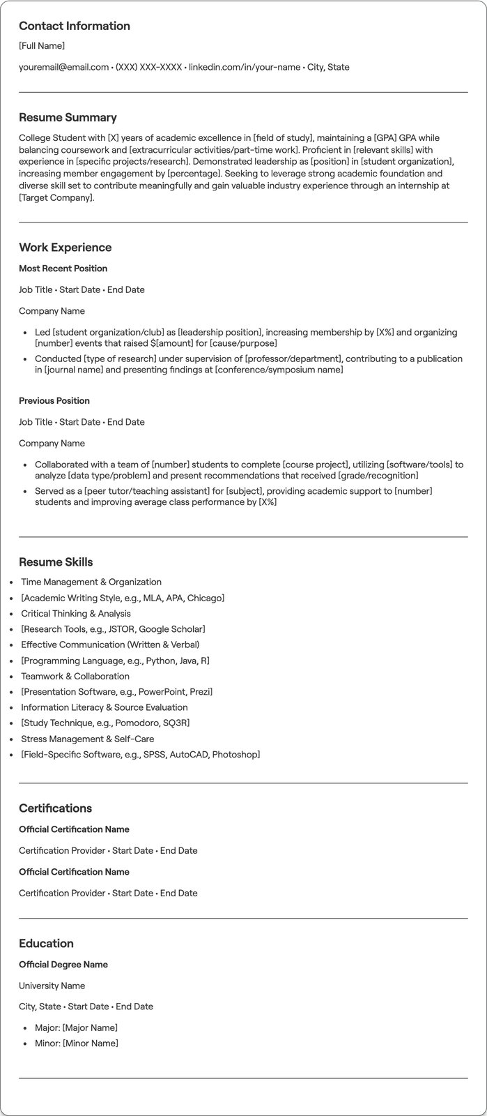 College Student resume example