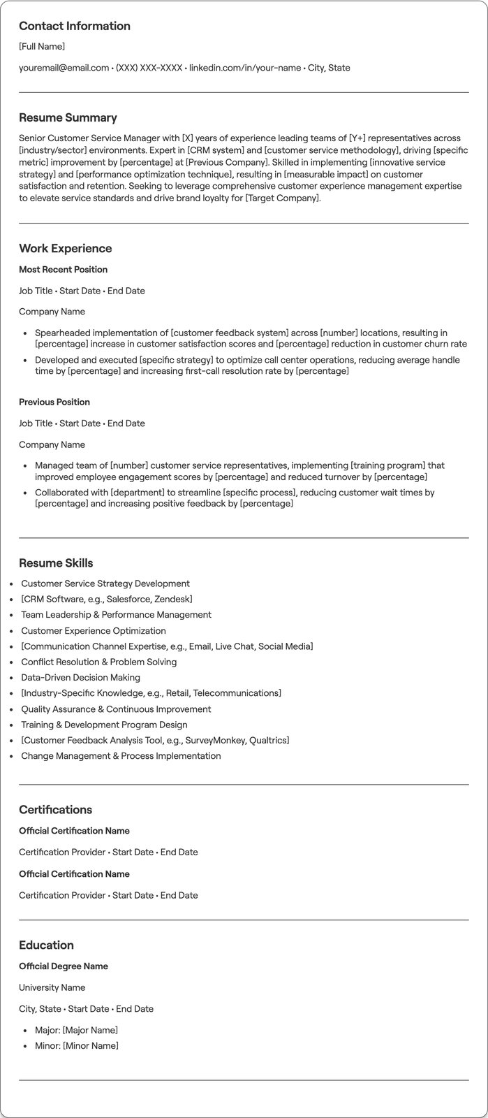 Senior Customer Service Manager resume example