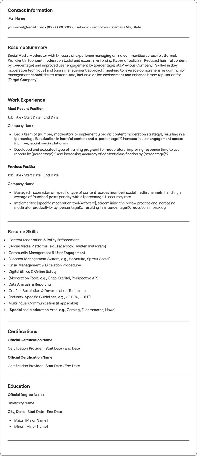 Social Media Moderator resume example