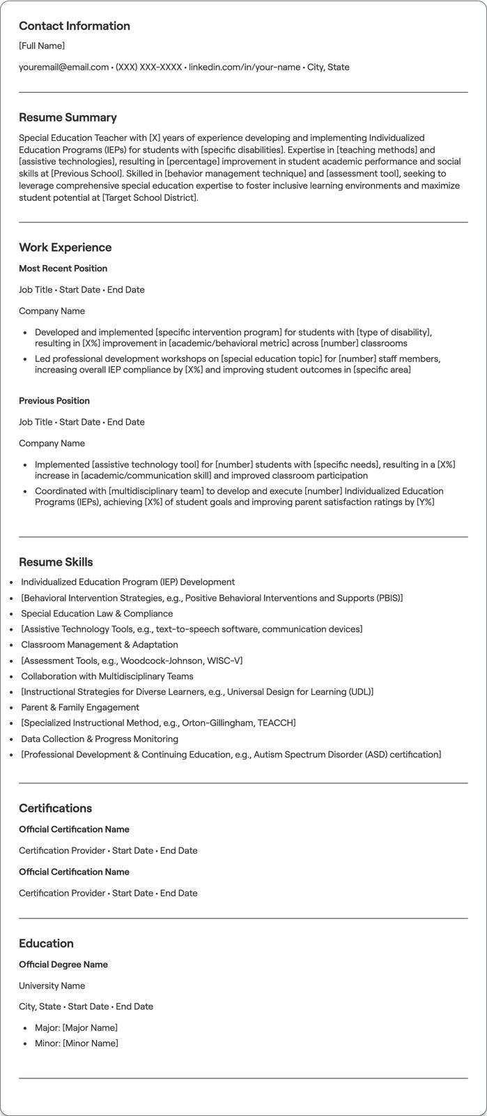 Special Education resume example