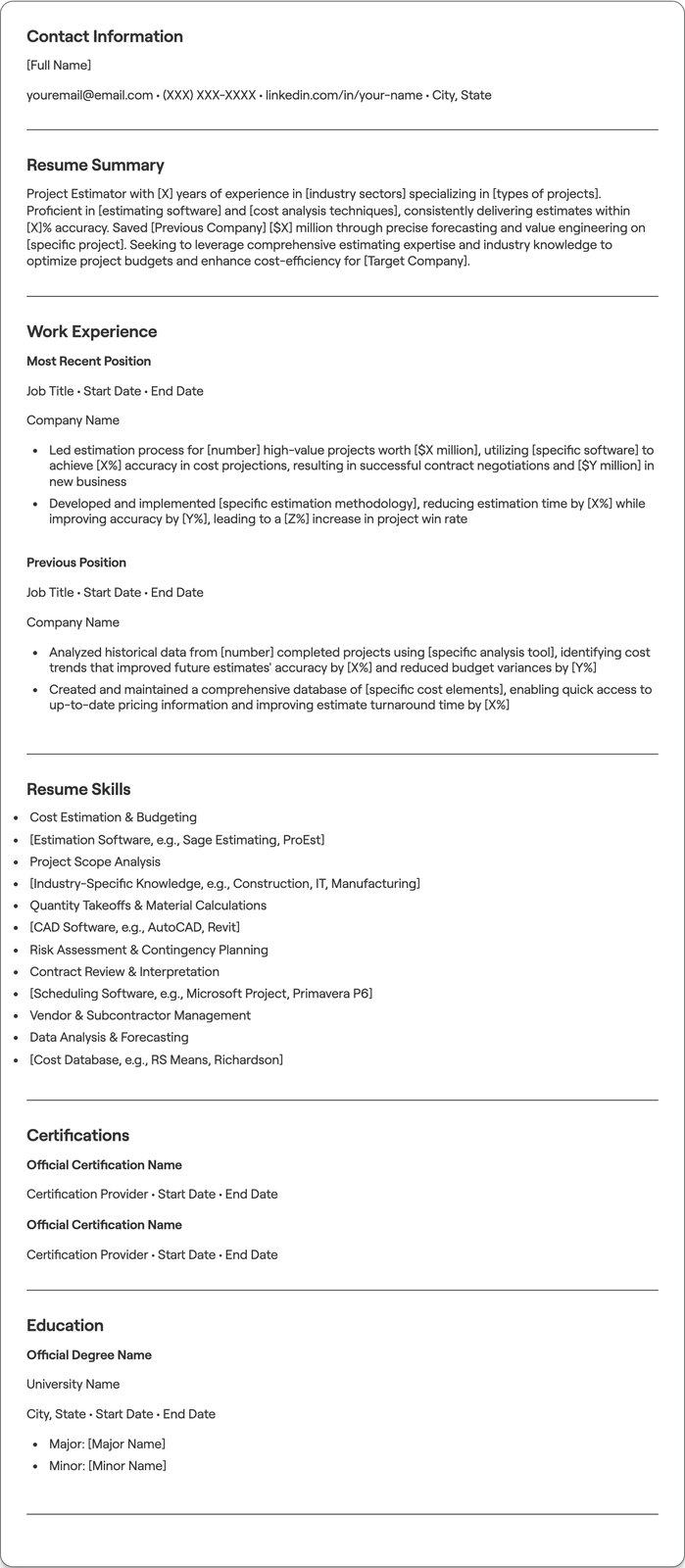 Project Estimator resume example