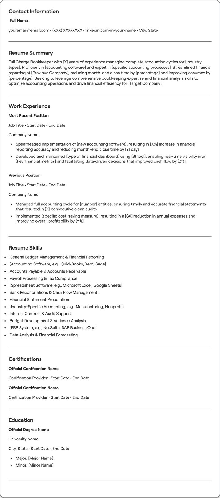Full Charge Bookkeeper resume example