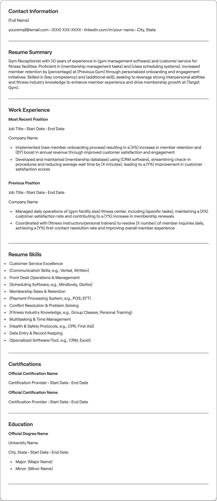 Gym Receptionist resume example