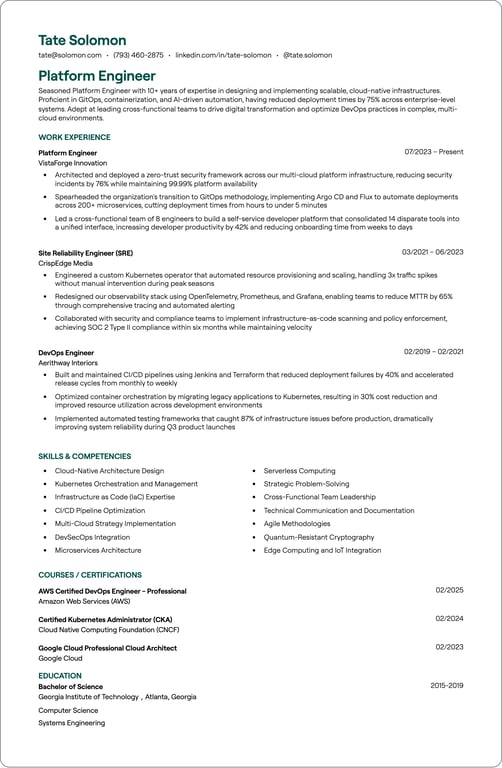 Platform Engineer resume example