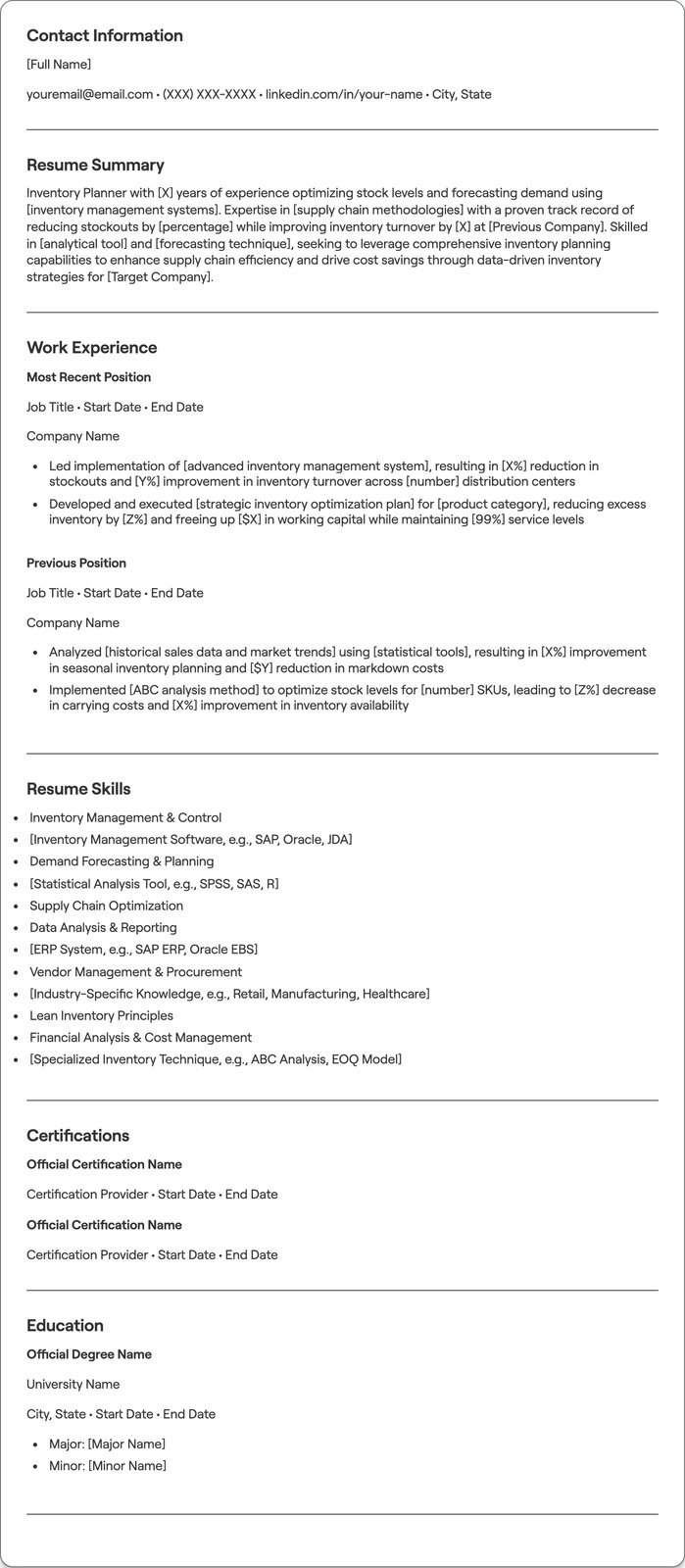 Inventory Planner resume example