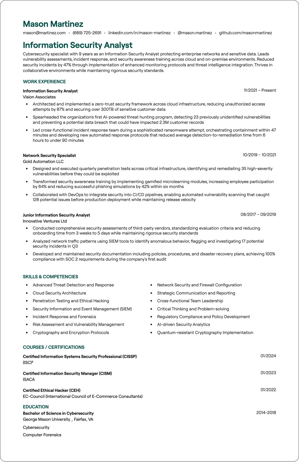 Information Security Analyst resume example
