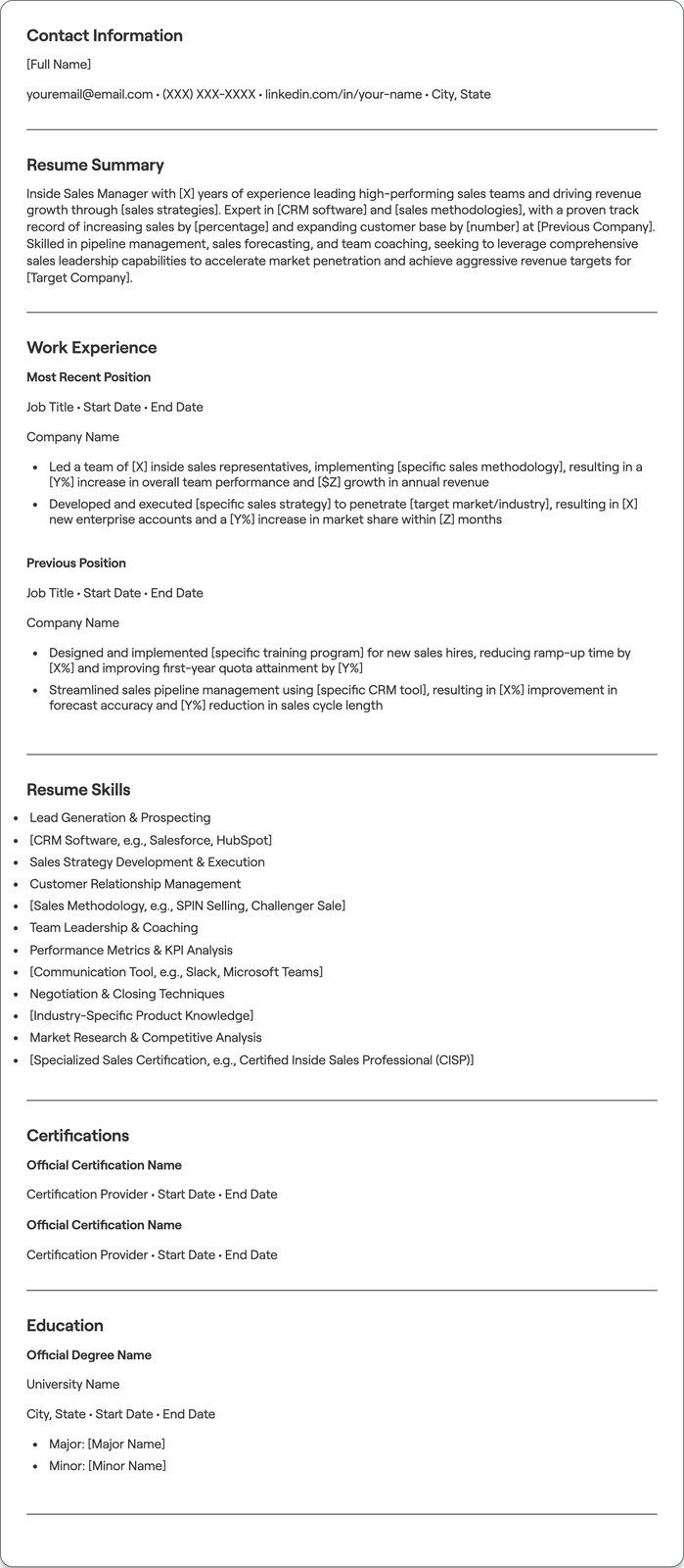 Inside Sales Manager resume example