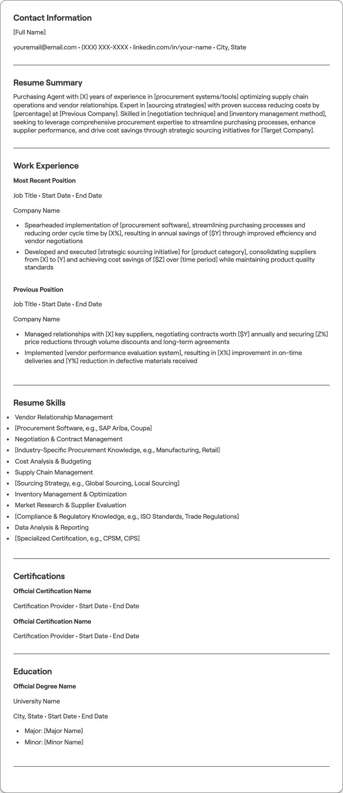 Purchasing Agent resume example