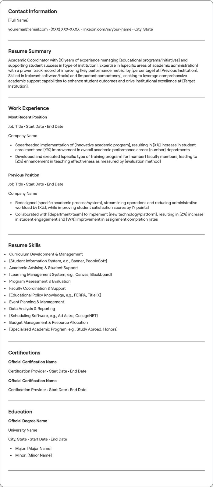 Academic Coordinator resume example