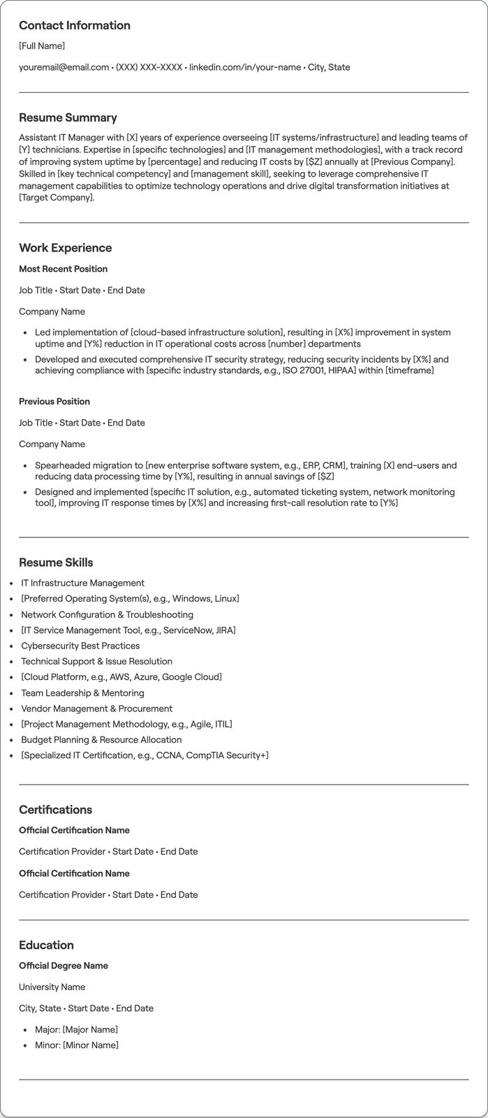 Assistant IT Manager resume example