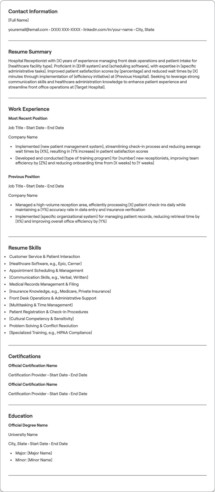 Hospital Receptionist resume example
