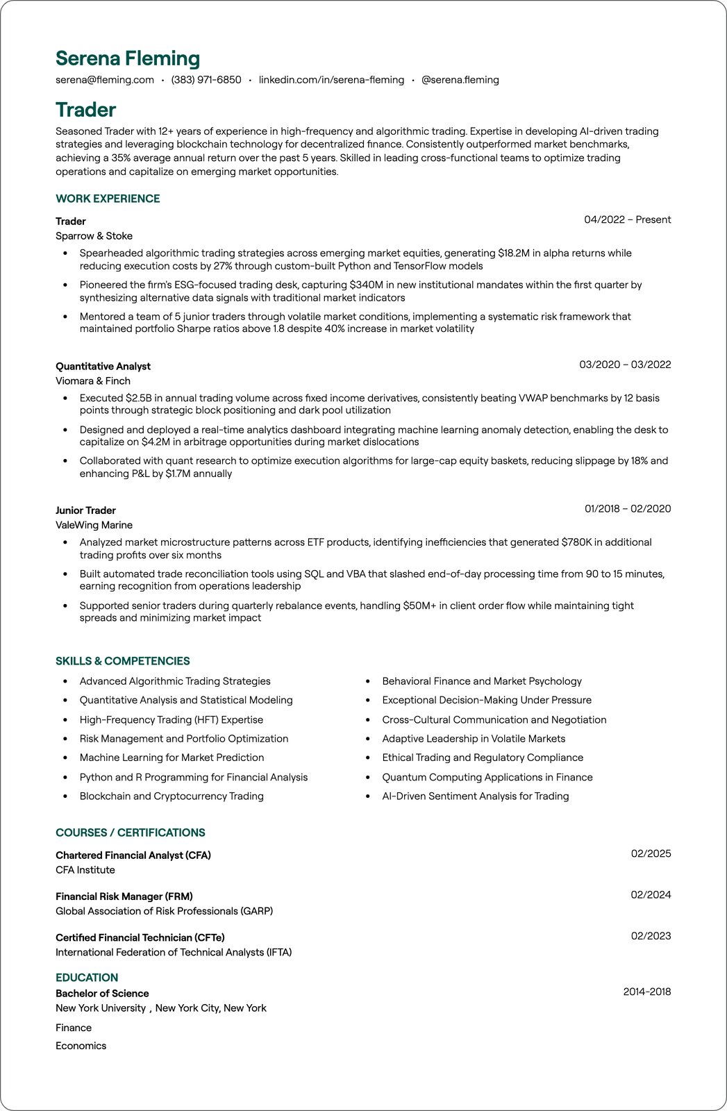 Trader resume example
