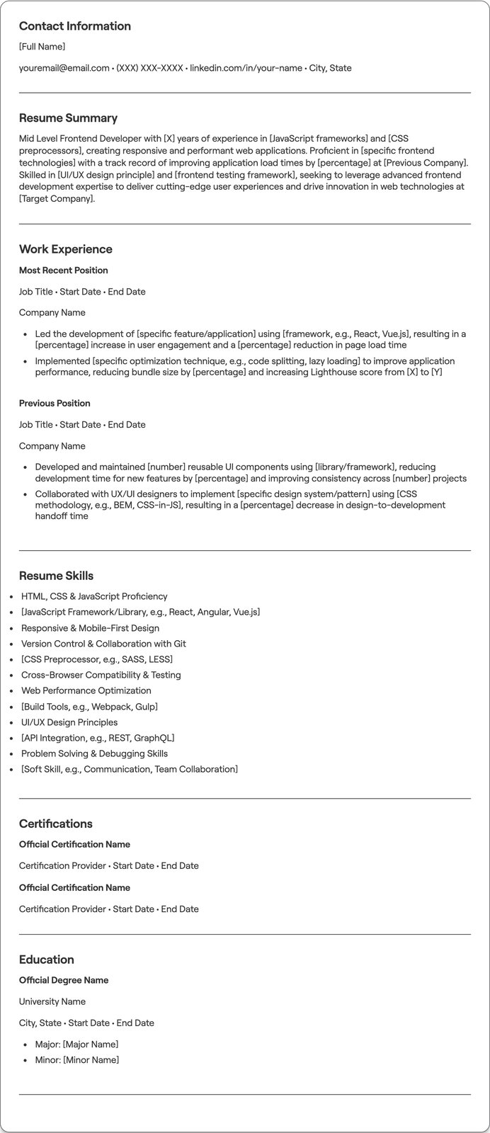 Mid Level Frontend Developer resume example