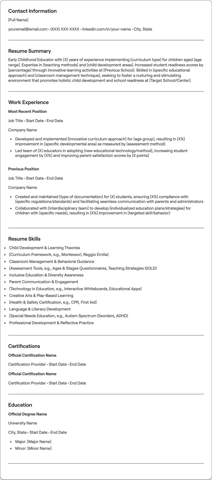 Early Childhood Educator resume example