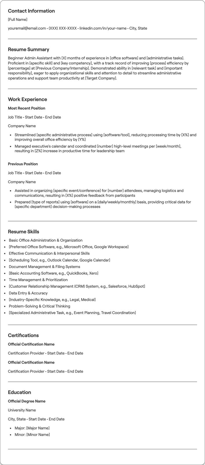 Beginner Admin Assistant resume example