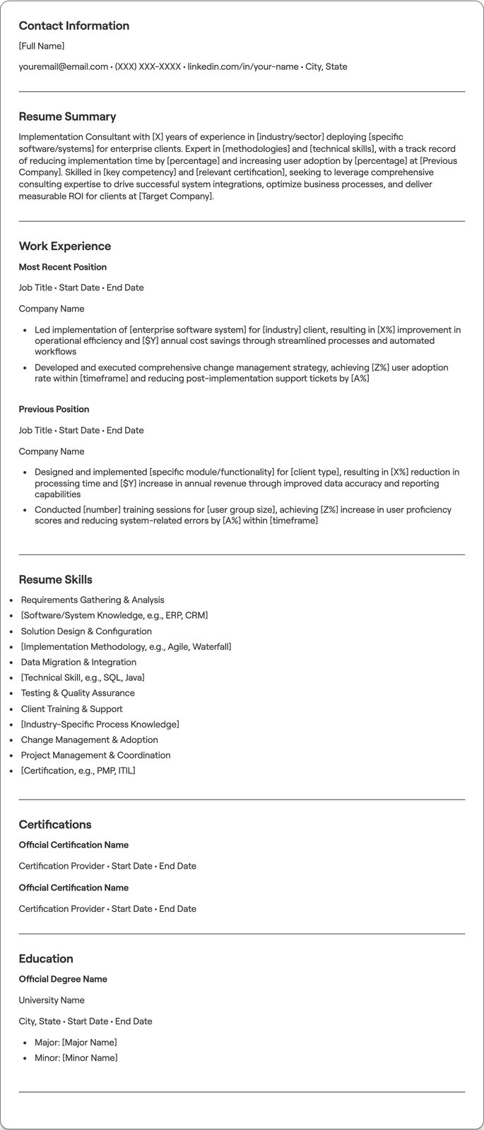 Implementation Consultant resume example