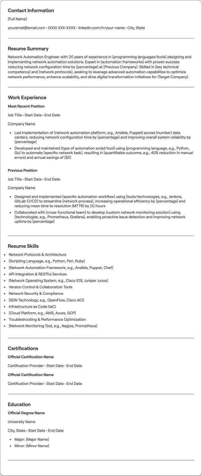 Network Automation Engineer resume example