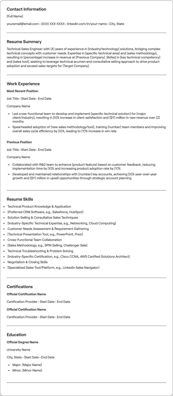Technical Sales Engineer resume example