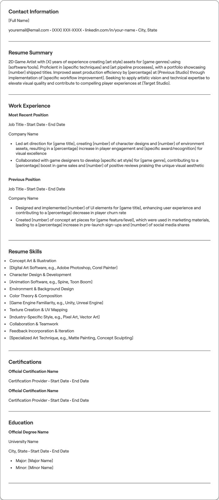 2D Game Artist resume example