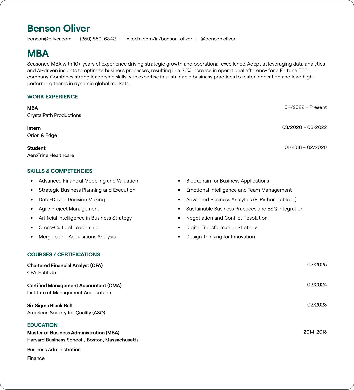 Harvard MBA resume example