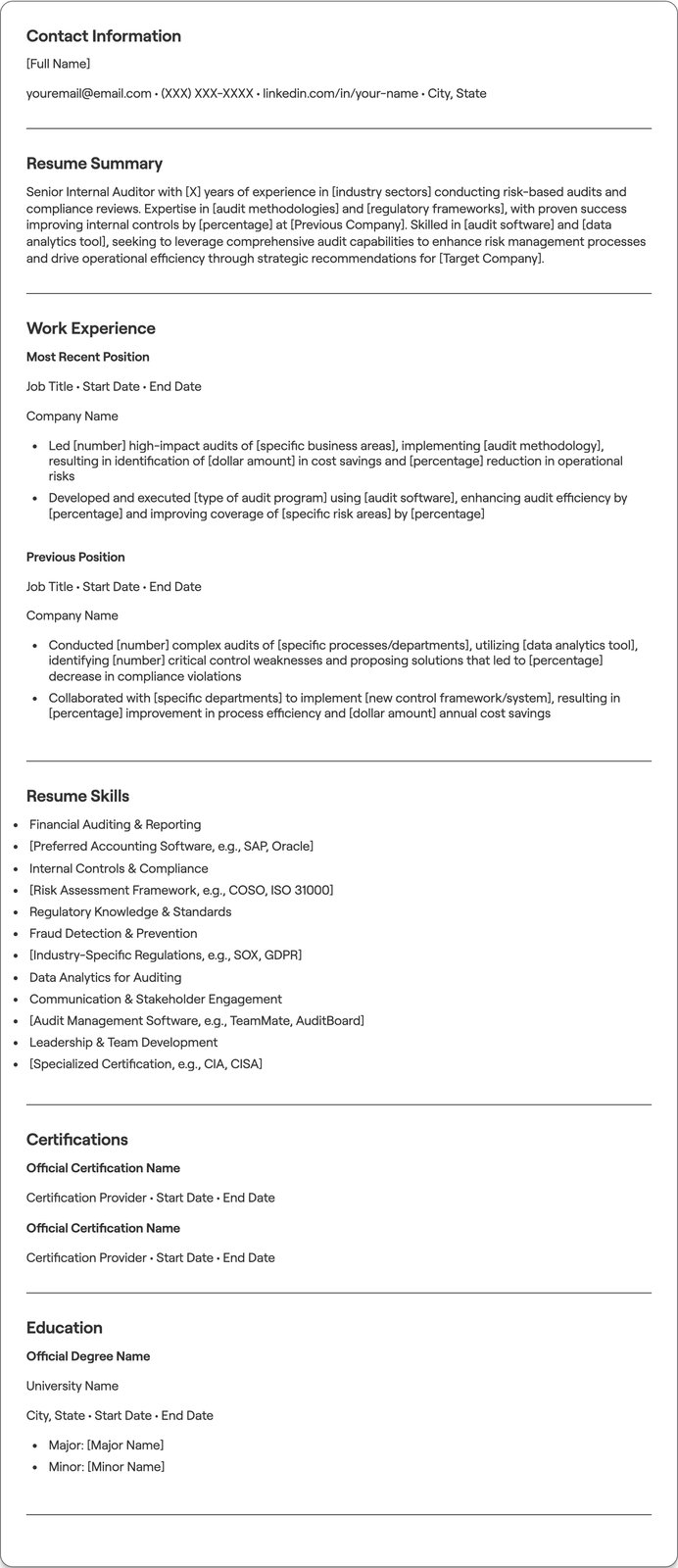 Senior Internal Auditor resume example