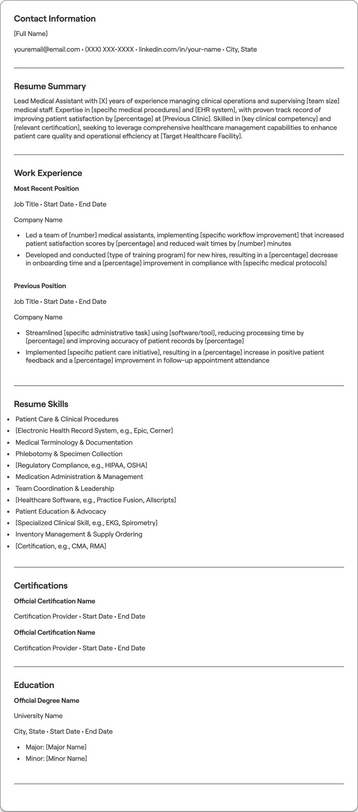 Lead Medical Assistant resume example