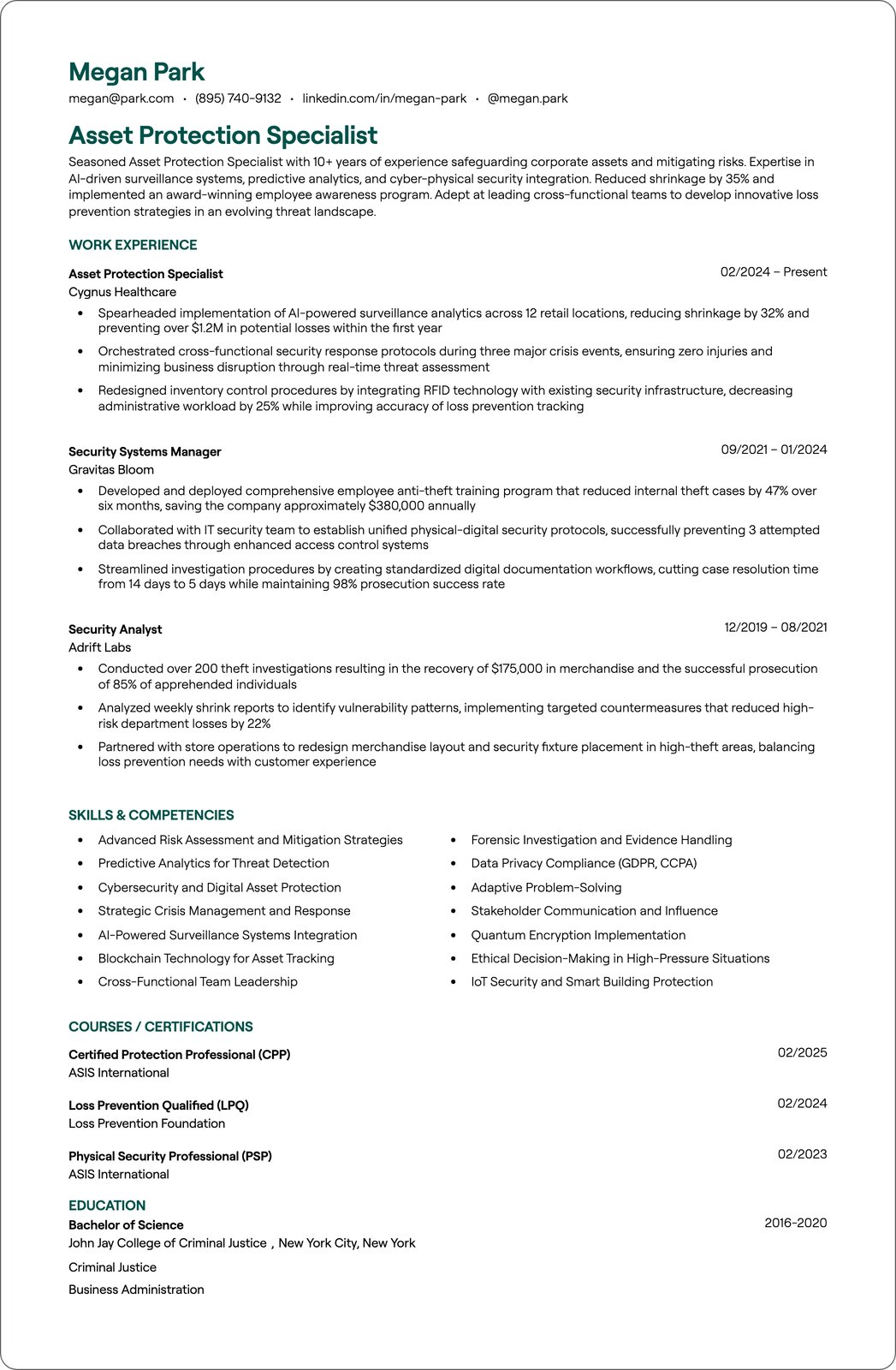 Asset Protection Specialist resume example
