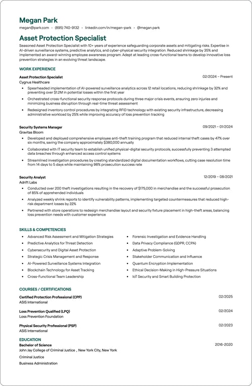Asset Protection Specialist resume example