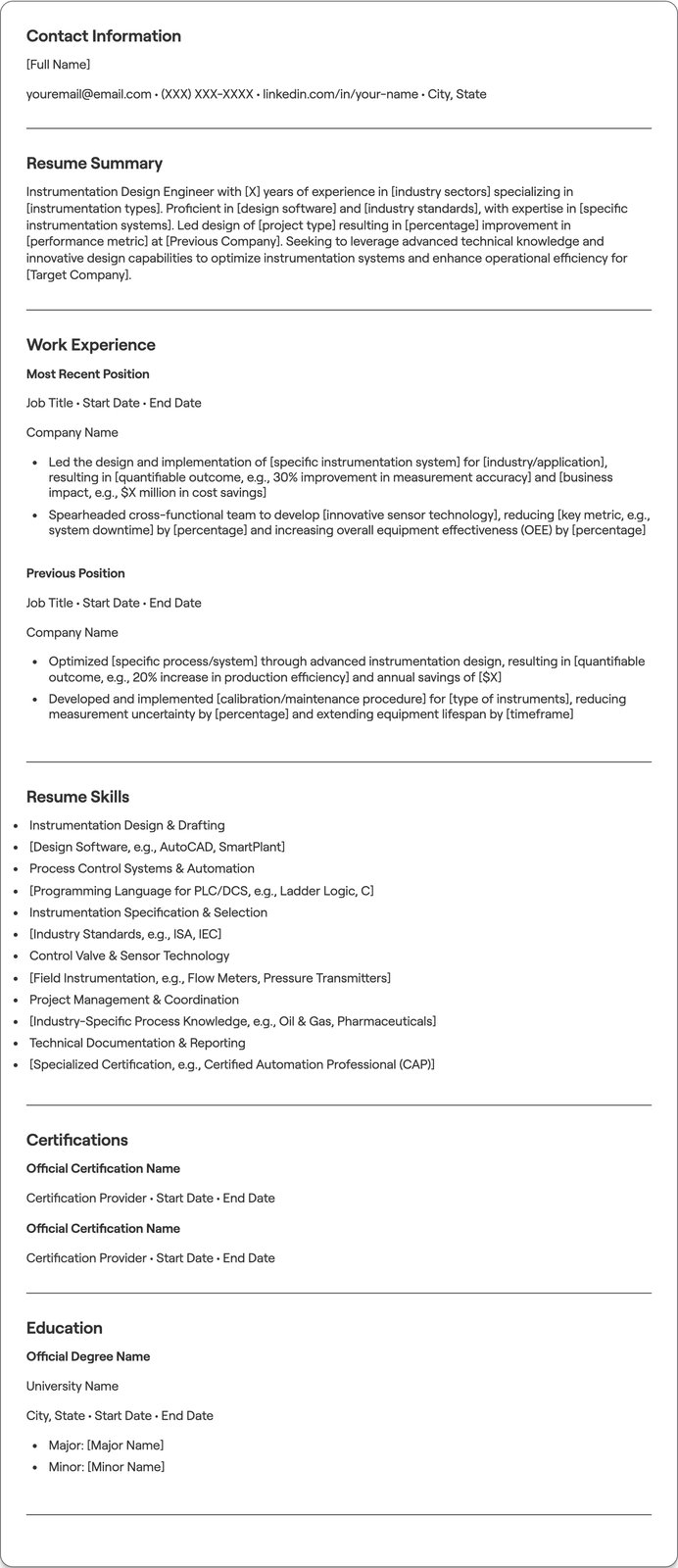 Instrumentation Design Engineer resume example