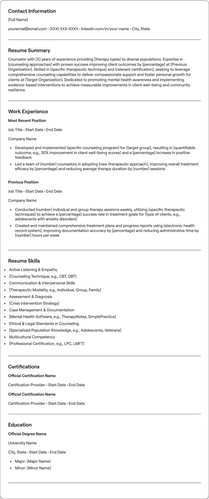 Counselor resume example