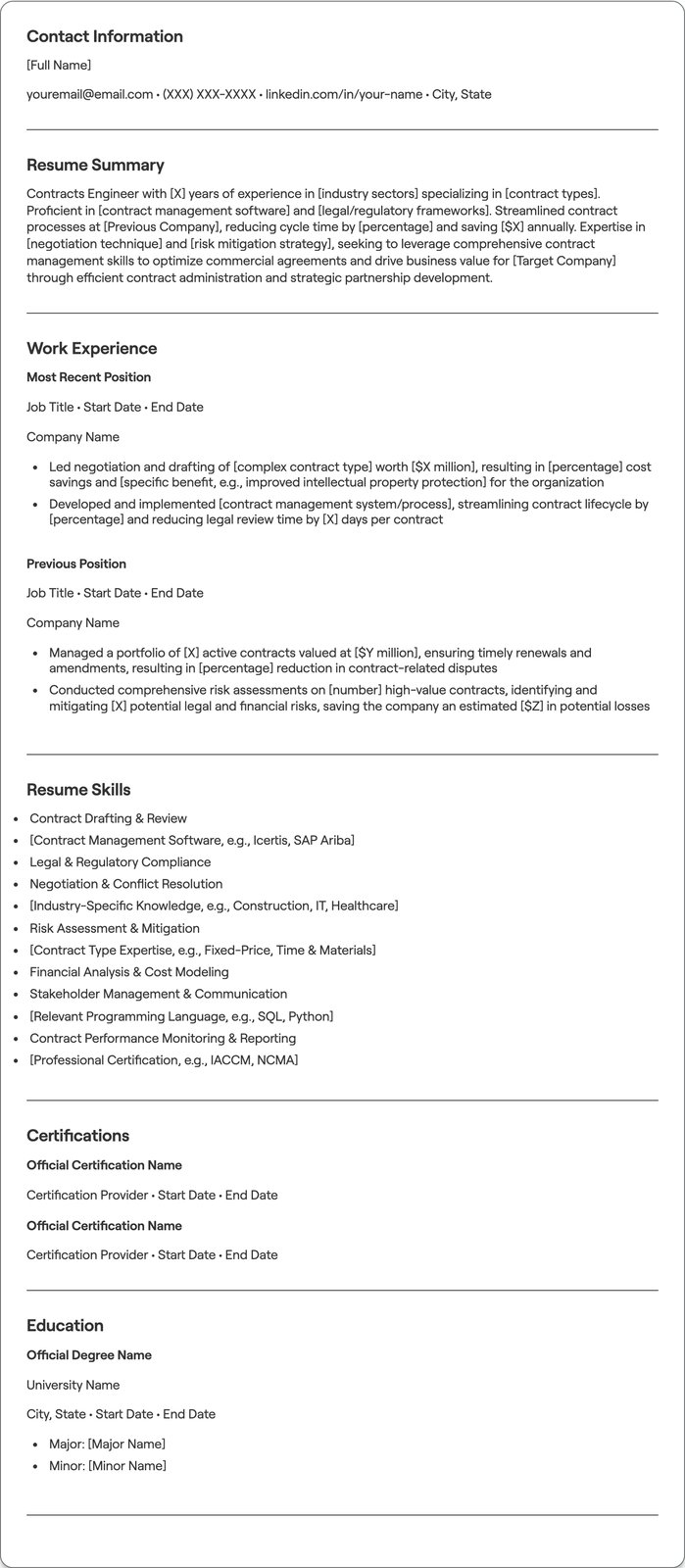 Contracts Engineer resume example