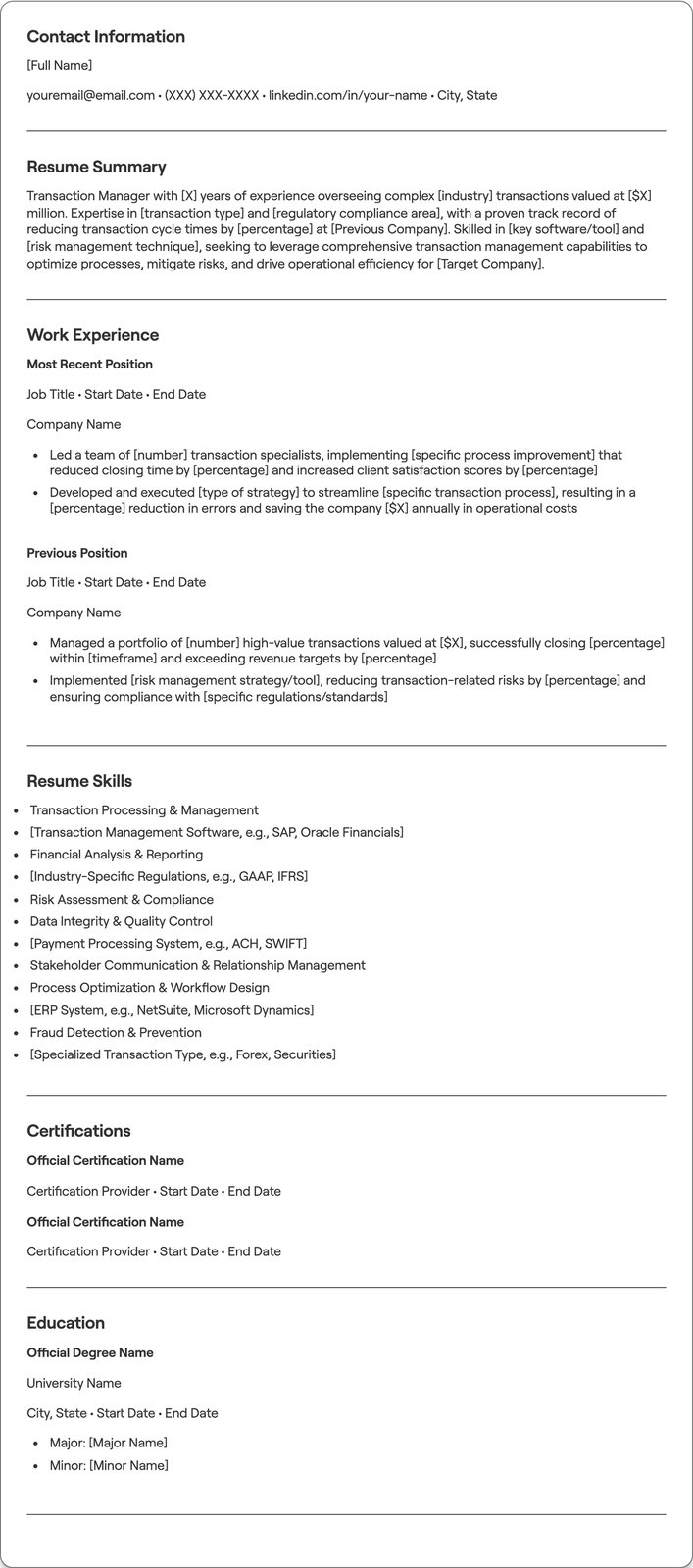 Transaction Manager resume example