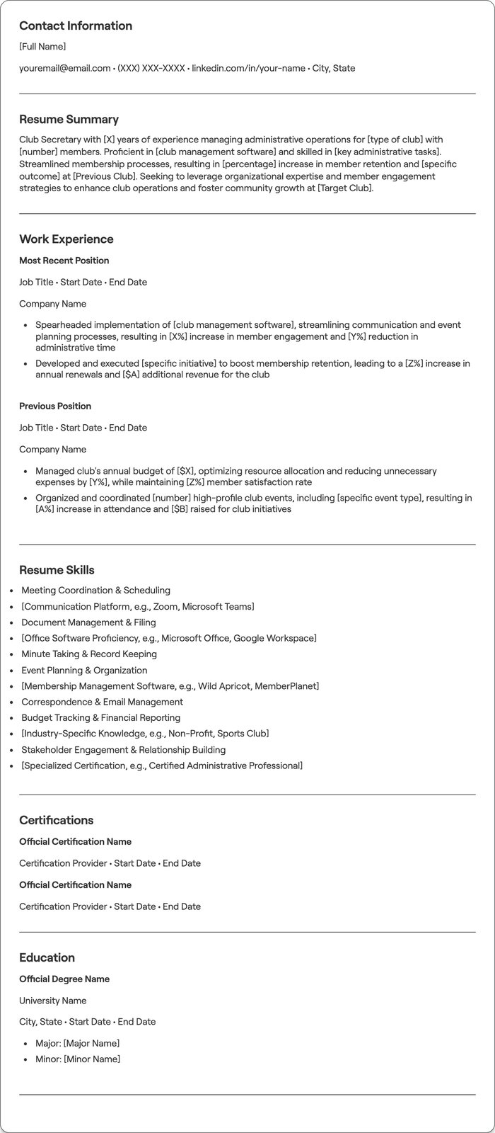 Club Secretary resume example