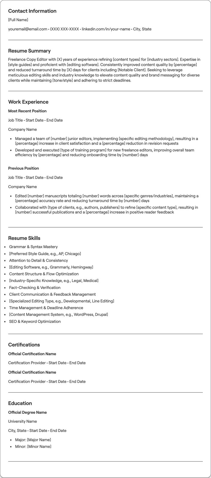 Freelance Copy Editor resume example