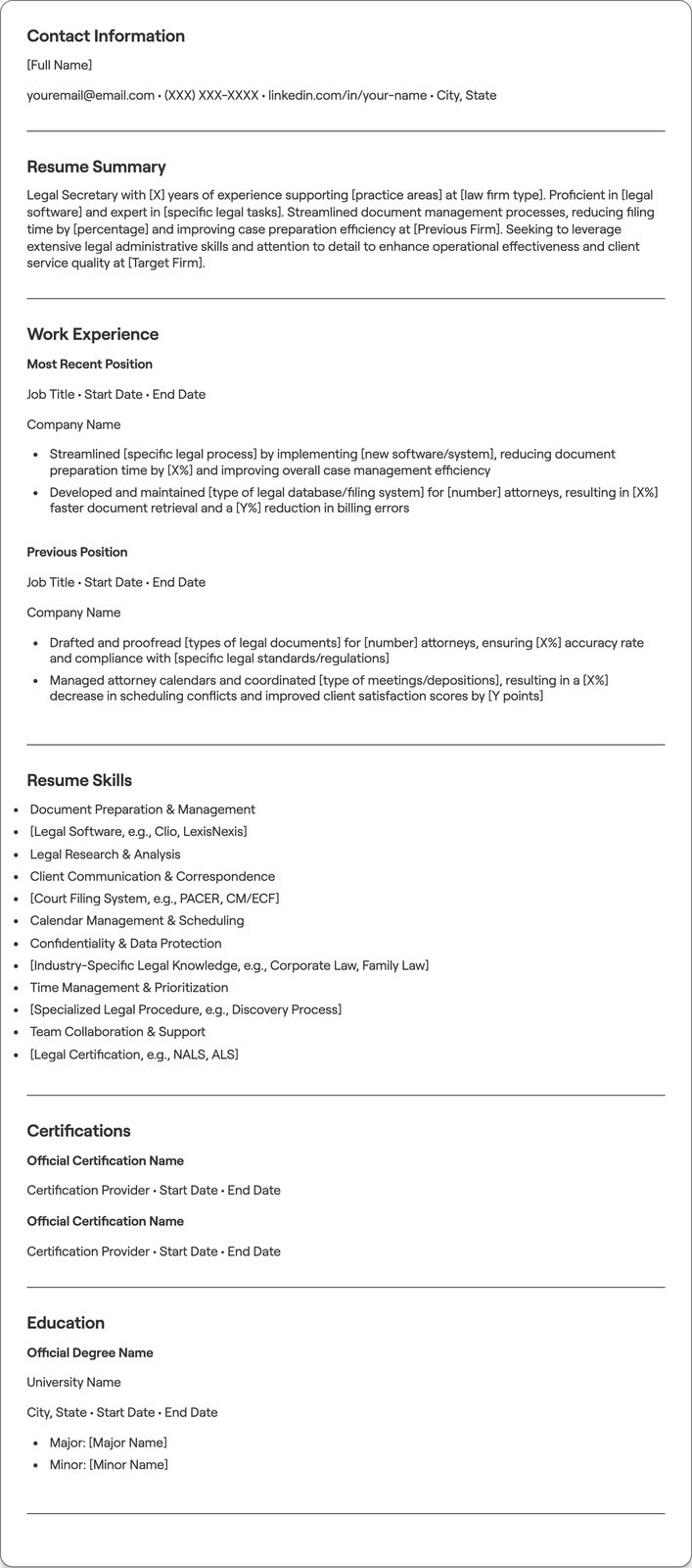 Legal Secretary resume example