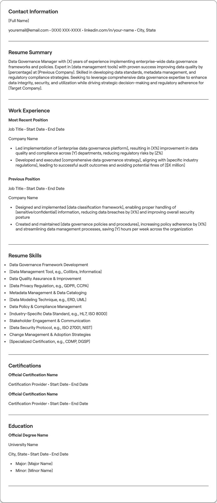 Data Governance Manager resume example