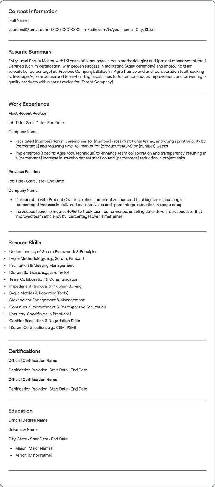 Entry Level Scrum Master resume example