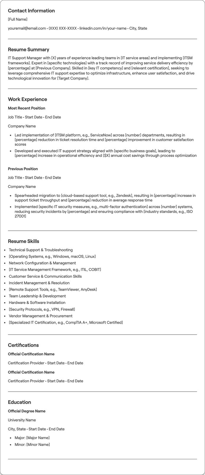 IT Support Manager resume example