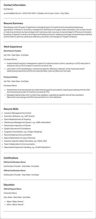 Storekeeper resume example