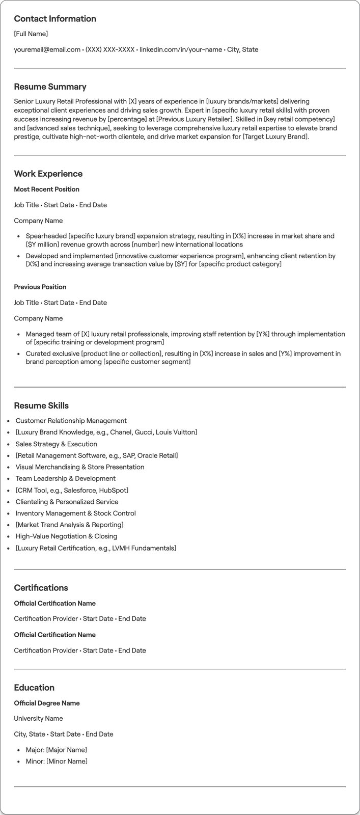 Senior Luxury Retail resume example