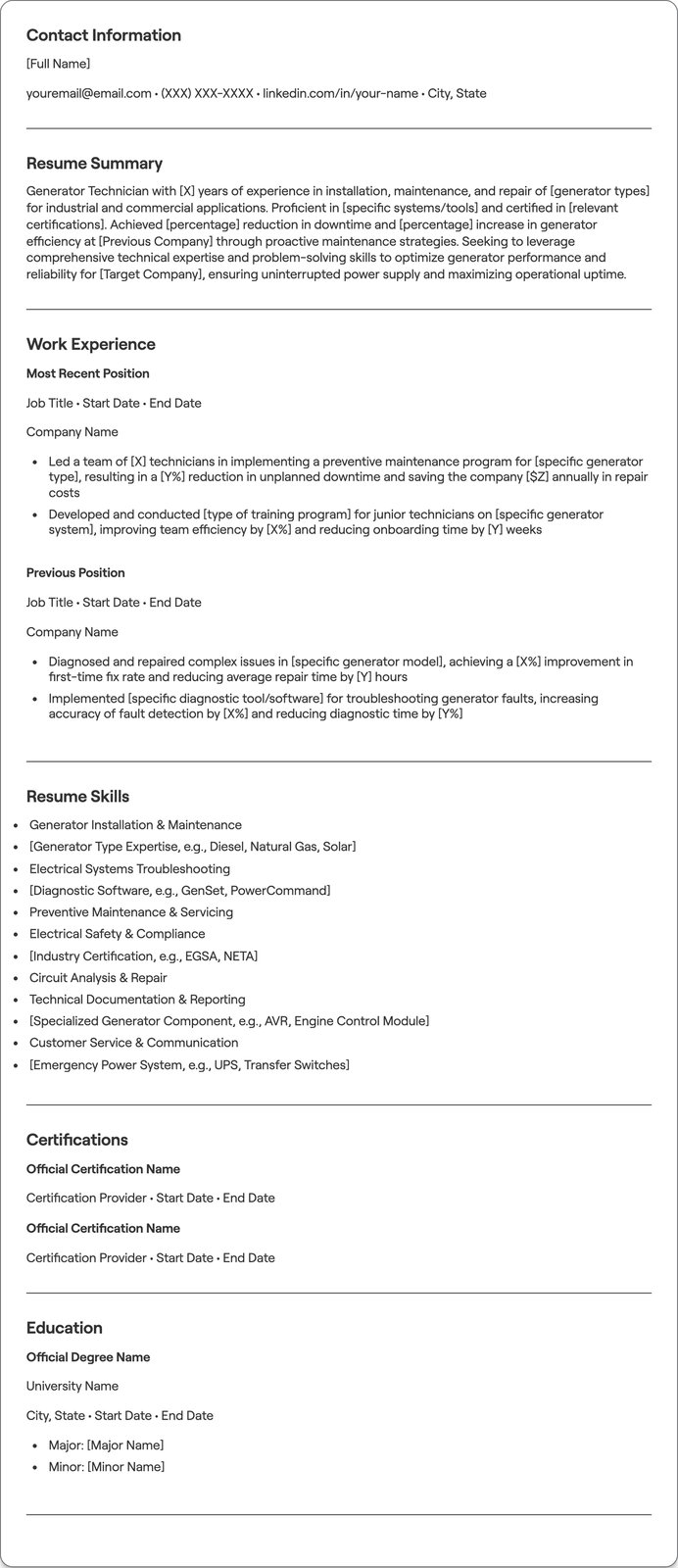 Generator Technician resume example