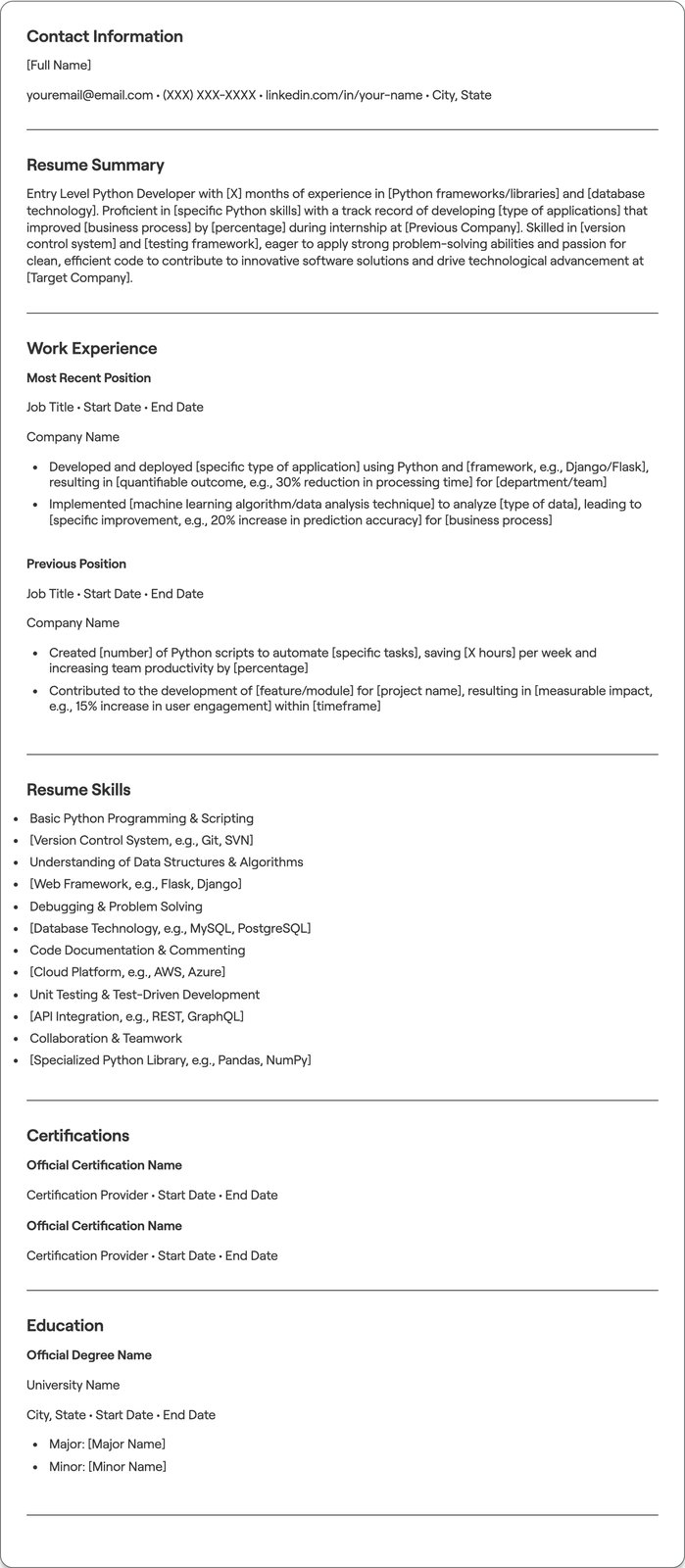 Entry Level Python Developer resume example