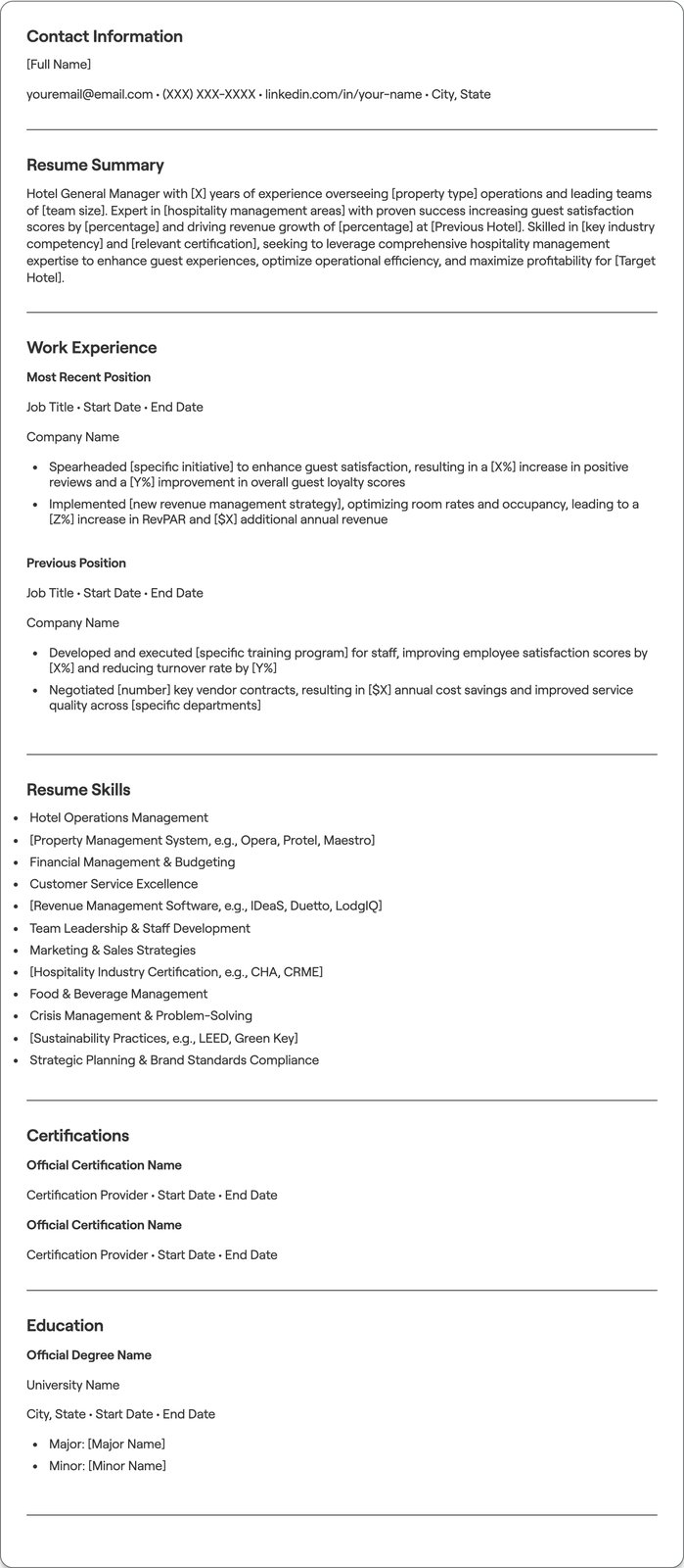 Hotel General Manager resume example