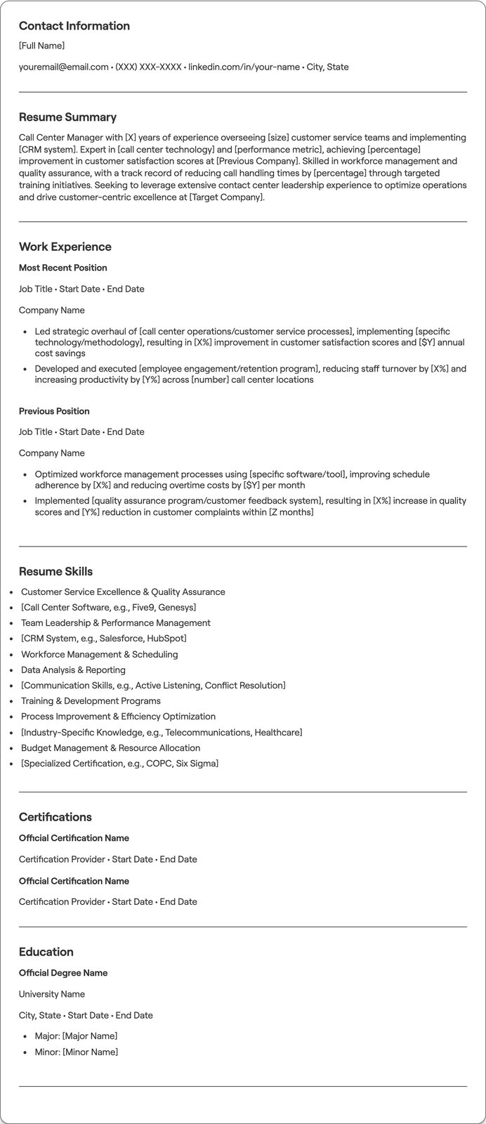 Call Center Manager resume example