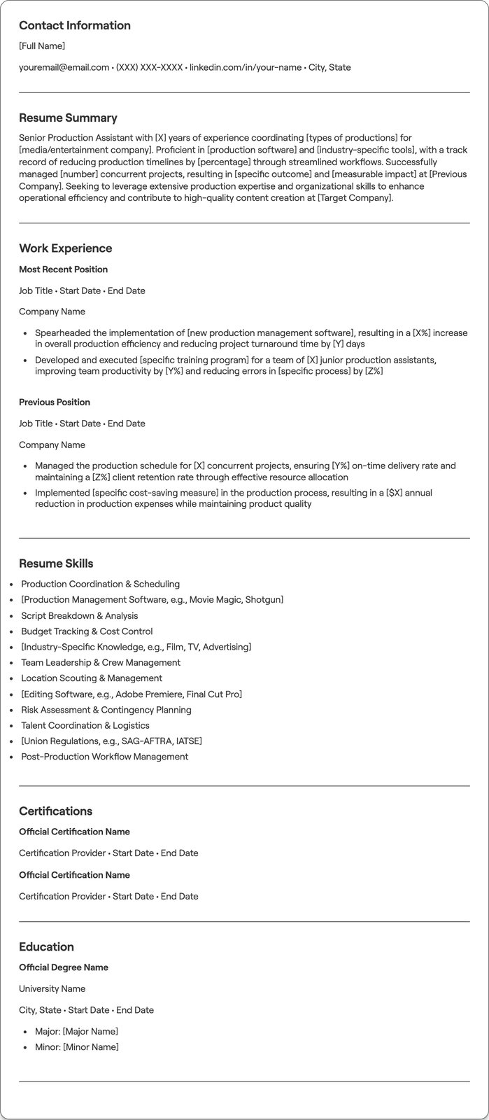 Senior Production Assistant resume example