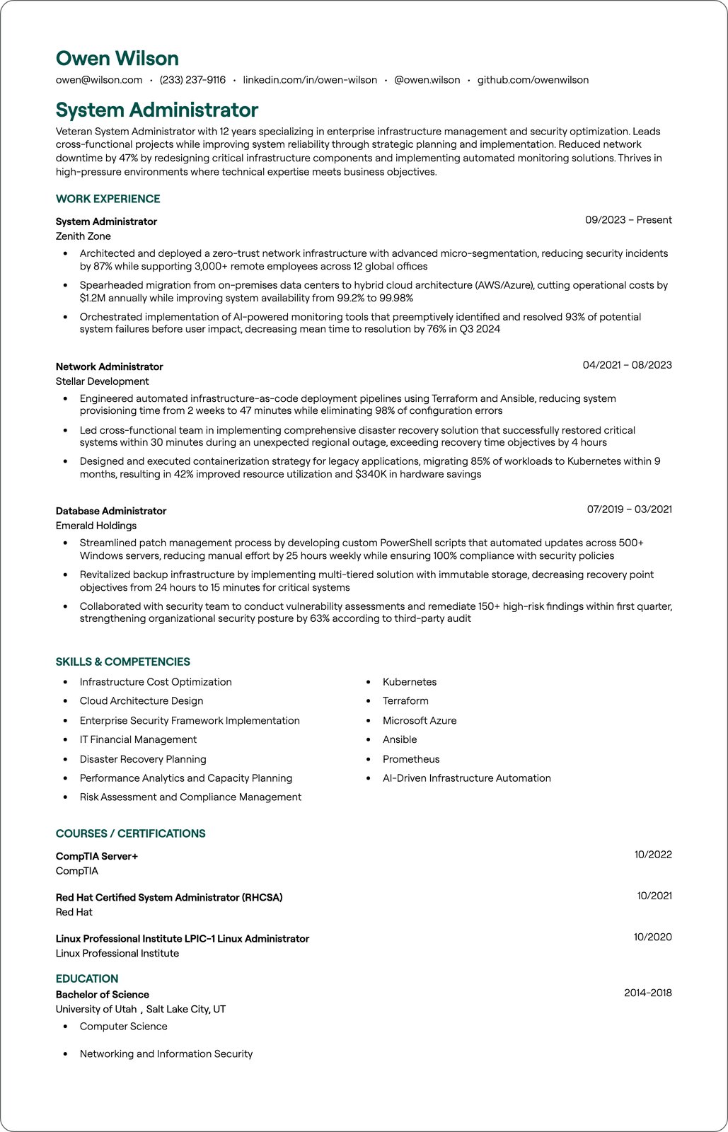 Linux Admin resume example