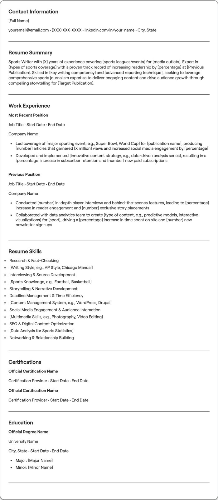Sports Writer resume example