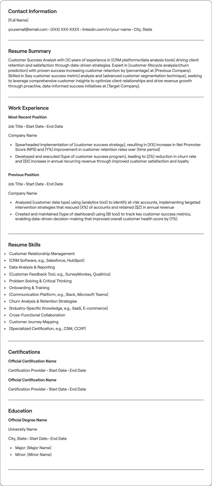 Customer Success Analyst resume example